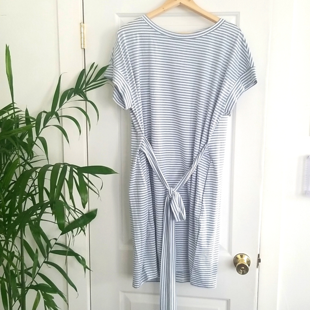 Blue and White Striped Midi Tee Shirt Dress w Tie